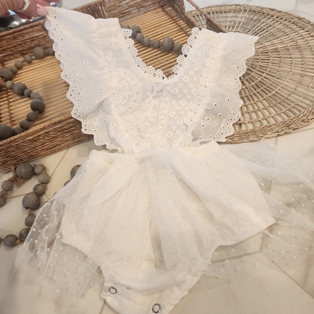 Cutest ever, baby girls white cotton, lace, & tulle rompers, size 12 mo.